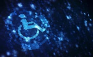 An accessibility icon featuring a wheelchair on a blue abstract background.