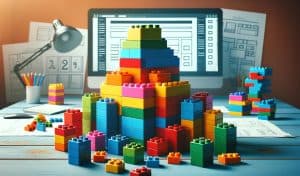 Desktop computer with legos in front of it, for headings.