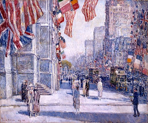 Childe hassam painting -- early morning on the avenue in may 1917.