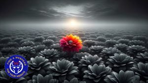 A black and white image with one plant highlighted in orange.