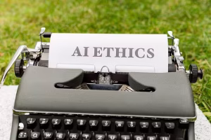 The Trusting Indirect Tone In Ai Personas 5 A black typewriter with ai ethics on paper.