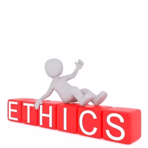 A stylized person on red cubes with ethics.