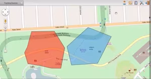 An orange and blue polygonal geofence drawn on a map.