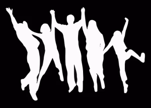 Black and white silhouettes of optimistic people cheering.