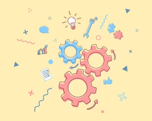 Illustrated gears and lightbulb on yellow background to represent the creative tone.