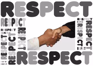 Two hands shaking with respect to show the respectful tone.