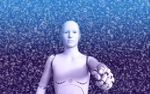 A metaverse avatar with a blue background.