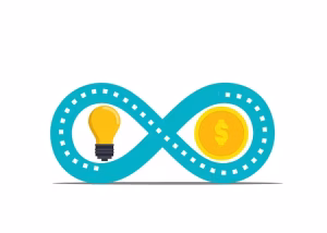 A drawing of a lightbulb and coin with an infinite loop.