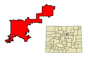 Colorado state map with denver colored in red.