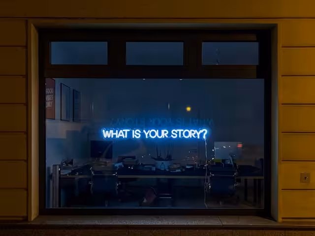 What is your story in blue neon on a window for brand.