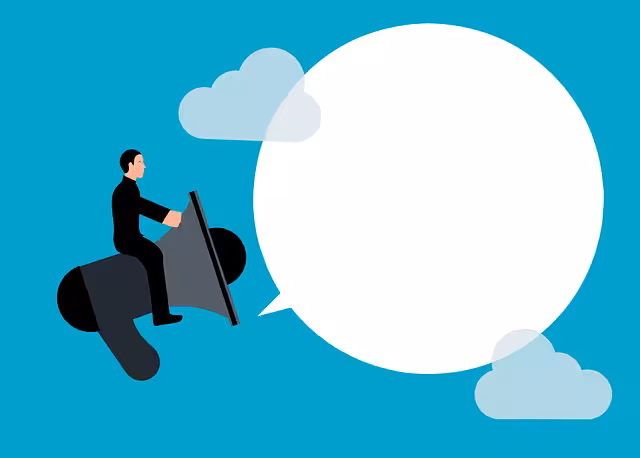 A drawing of a person sitting on a megaphone with a white voice cloud for brand voice.