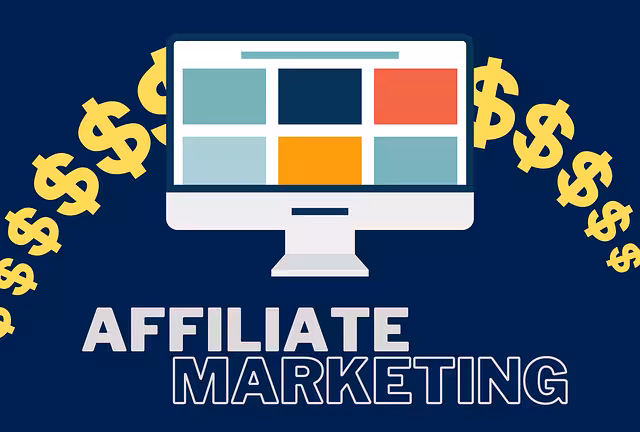 A computer with affiliate marketing under it with a navy background.