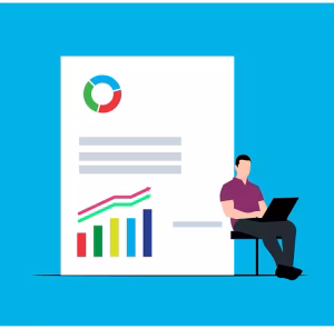 A Comprehensive Guide To Top Data Analytics Tools For Small Business 2 A drawing of person with a laptop next to an analytics chart.