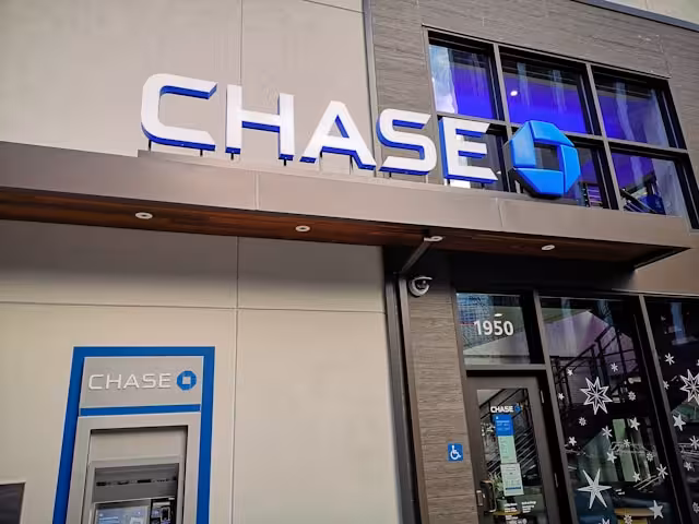 Chase bank logo on a building.