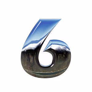 A metallic number 6 with a white background.
