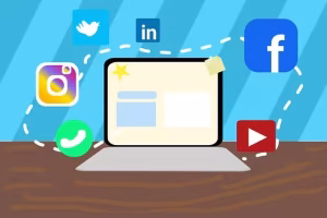 Easy And Measurable Benefits Of Social Media Marketing (A 2025 Guide) 4 A laptop with social media icons swirling around it.