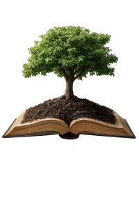 A tree on top of a book to represent telling a story.