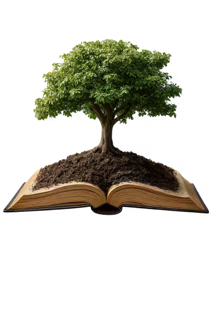 A tree on top of a book to represent telling a story.