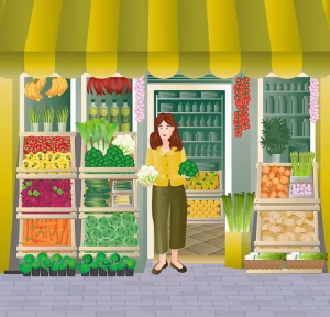 A drawing of a customer at a food market.