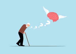 A cartoon figure with dementia that is wandering.