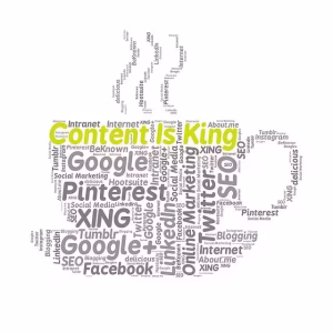 How To Get Featured On Industry Blogs (And Drive Traffic) 5 A wordcloud coffee mug with content is king on it.