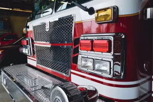 How Geofencing Improves Smart City Public Safety Alerts 2 The front of a red and white firetruck.