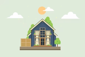 Drawing of a green building with a light green background.
