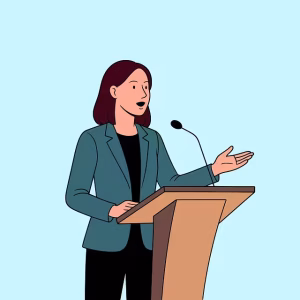 A cartoon drawing of a woman speaking at a podium.