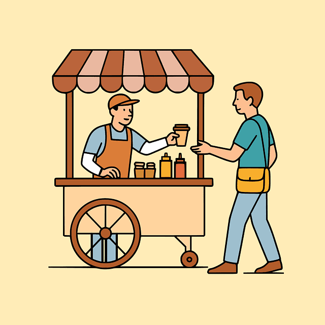 A drawn pop-up retail coffee stand with a yellow background.