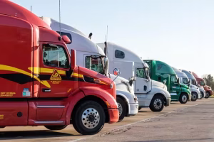 A line of semi-trucks in a parking lot for geofencing.