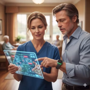 Two people looking at a fall detected display.