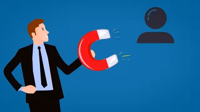 A cartoon man holding a magnet to attract customers.