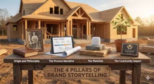 The 4 pillars of a builder's brand story on a table in front of a house.