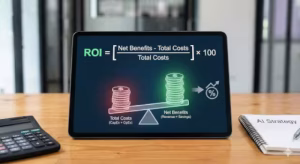 A tablet on a table with an roi calculation.