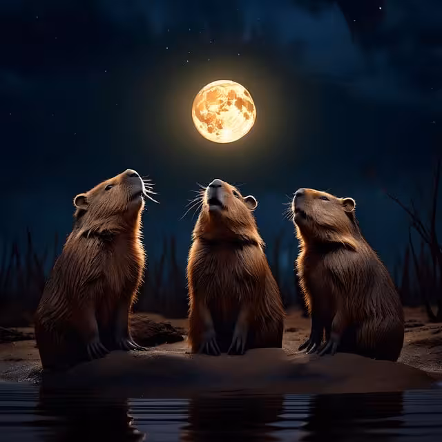Three capybaras looking at the moon.