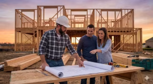 A builder meeting with clients in front of house that is under construction.
