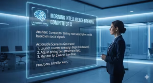 A woman looking at a morning intelligence report.