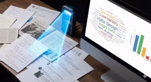 A scanner scanning infomation from data sets with a computer.