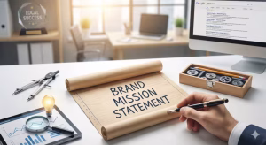 A scrolled paper with brand mission statement.