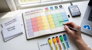 Social media calendar contents in a notebook.