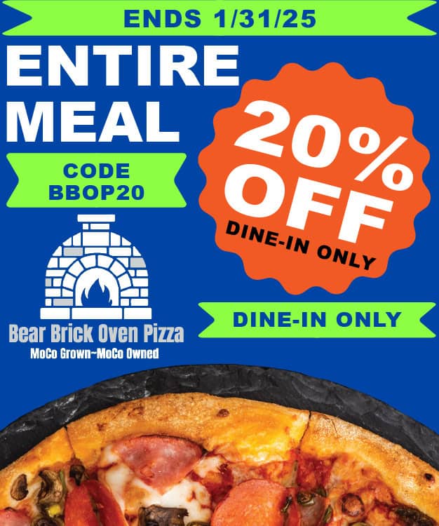 Bear brick oven pizza ad.