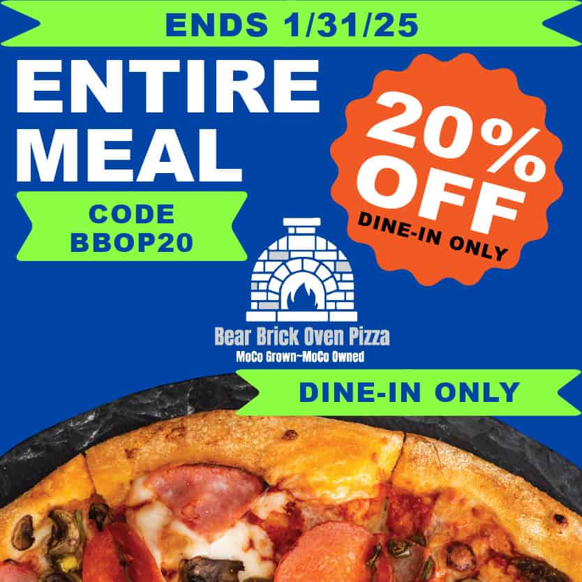 Bear brick oven pizza ad.