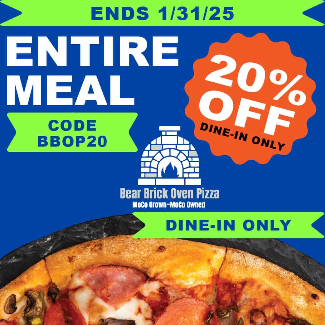 Bear brick oven pizza ad.