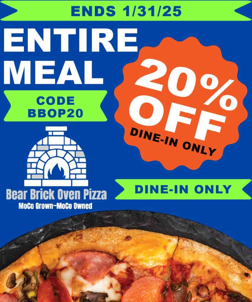Bear brick oven pizza ad.