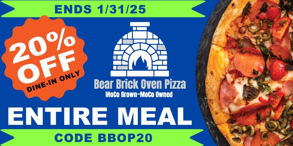 Bear brick oven pizza ad.