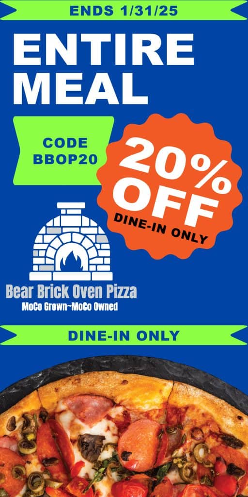Bear brick oven pizza ad.