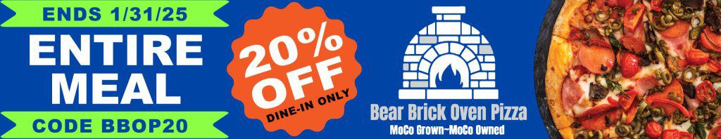 Bear brick oven pizza ad.