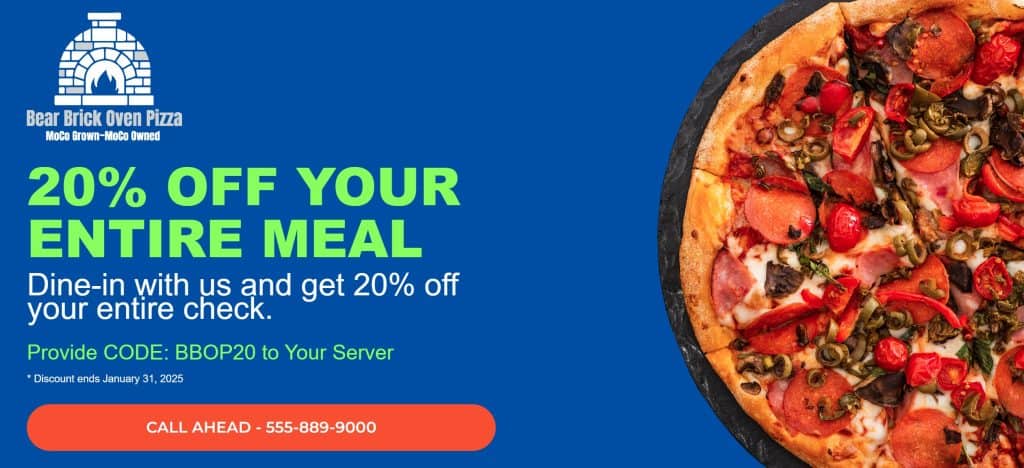 Bear brick oven pizza ad.