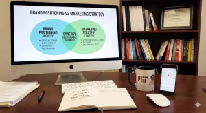 A computer showing the differences between brand positioning and marketing strategy.