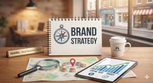 A notepad with brand strategy on it.